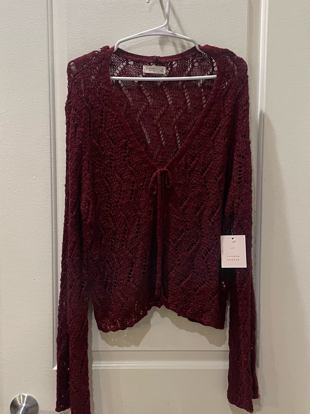 NEW…LC Lauren Conrad Burgundy Open-Knit Tie-Front Sweater